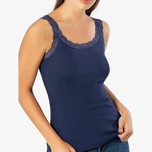 Vavonne Lace Trim Camisole Tank Top Navy Blue Cotton Size M NIP